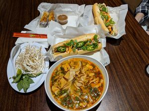 All vegan. Spicy lemon grass soup, vegan beef banh mi, and tofu spring rolls. at DD MAU in Maryland Heights