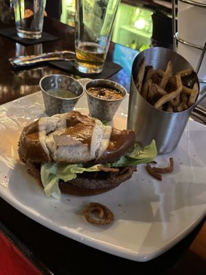 Impossible burger with pretzel bun (has egg) they might have one with no egg  at Polite Society in St Louis