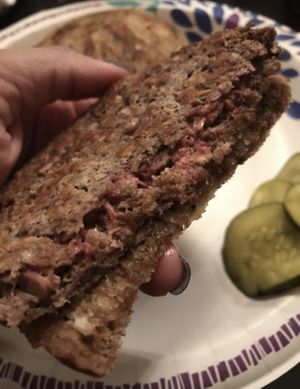 Delicious Impossible Burger on rye (carryout )  at Polite Society in St Louis