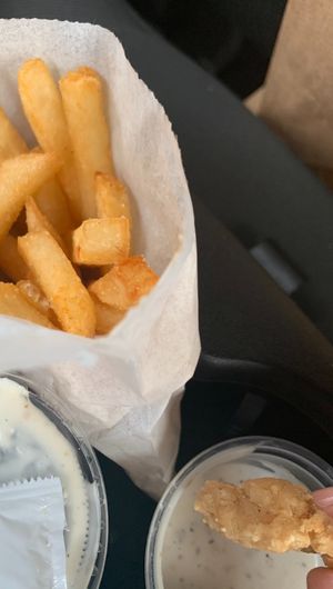 The popcorn chick’n with French fries. Taste good with the tartar sauce.  at Cafe No Fur - Cloud Kitchen in Las Vegas