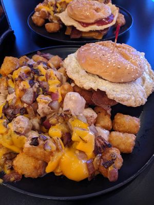 Monster fried egg burger. I now know what I want my last meal to be.. Added monster tots at Cafe No Fur - Cloud Kitchen in Las Vegas
