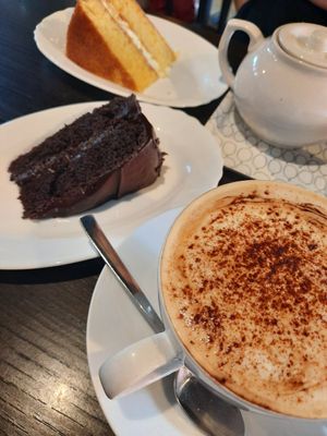 Vegan Devil's Food cake and soya cappuccino at Mocha Lounge in Coventry