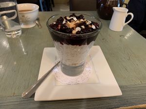 Amazing coconut brown rice pudding with fruit compote! at Harney & Sons in Millerton