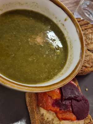Spinach kale watercress soup and toasted hummous, roasted peoper and beetroot sandwich at High Peak Bookstore & Cafe in Buxton