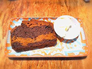 Pumpkin, Turmeric and Cacao Slice with vegan butter at Nourishing the Soul Cafe in Dudley Park