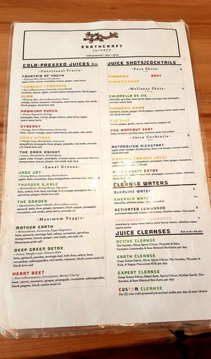 Menu at Earthcraft Juicery in Houston