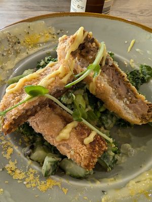 Green bowl with jackfruit snitzel, yuzu balls and noosch! at The Hummingbird Waterside Cafe in Mandurah