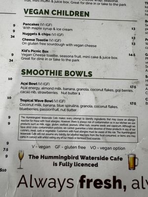 Vegan children’s menu  at The Hummingbird Waterside Cafe in Mandurah