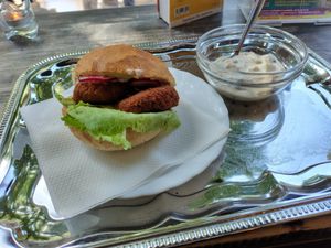 Oat burger and French salad. at Napfenyes Cukraszat - Bajcsy Zsilinszky in Budapest