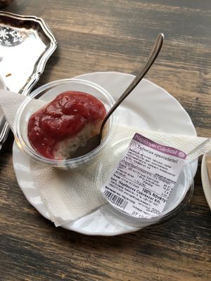 Tejberizs eperöntettel (ricepudding with strawberry) so good!! at Napfenyes Cukraszat - Bajcsy Zsilinszky in Budapest