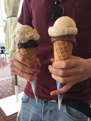 Hazelnut & dark choc and hazelnut & sugarless choc. Wafer cones are vegan at Pliza 21 in Gran Canaria