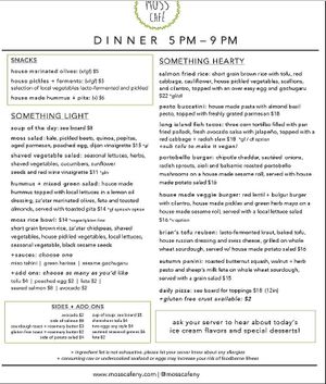Dinner menu at Moss Café in Bronx