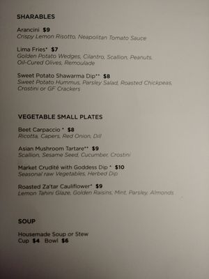 Daily menu, side 1: sharables, small vegetable plates, appetizers & soups at Celesta in Milwaukee