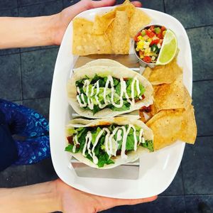 Our Taco Plate rotates! Try anything from BBQ seitan to Po' Boy Mushroom tacos.  at Celesta in Milwaukee