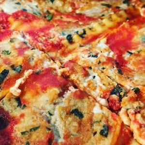 Vegan lasagna with our housemade almond ricotta and rosemary seitan sausage.  at Celesta in Milwaukee