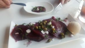 Savory, flavorful beet carpaccio with fresh dill & almond ricotta. Need to go back fo this! at Celesta in Milwaukee