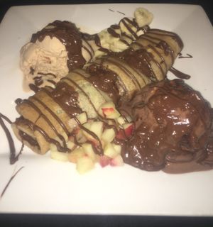 Vegan french crepe with ice cream scoops and fruits at Jeff Gelato in Tel Aviv