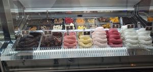 The front row of gelatos/sorbets, excluding the left-most flavor, are all vegan. at Jeff Gelato in Tel Aviv
