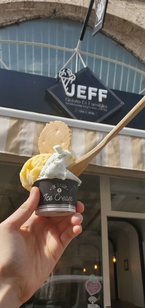 I got the tropical and lemon mint sorbet. So creamy, even as pure fruit without a dairy substitute! The waffle cookie is also vegan, of course. at Jeff Gelato in Tel Aviv