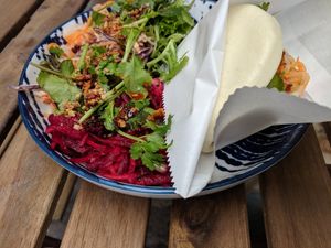 Bao bun and salad at Red Panda in Exeter