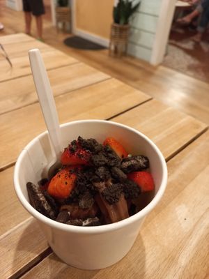 Chocolate froyo with strawberry and oreo at Surfin' Spoon in Nags Head
