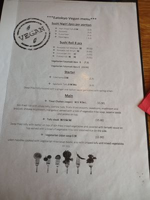 Vegan menu (at the back of the menu) at Eatokyo in Dublin