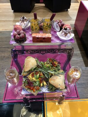 Champagne afternoon tea, also comes with unlimited tea/coffee/vegan hot chocolate  at Cake Boy in South West London