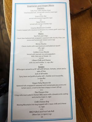 Vegan menu at Golden Cross in Coventry