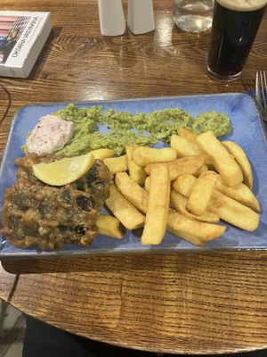 Not fish and chips, with battered tofu wrapped in seaweed, peas sauce and homemade tartar sauce   at Golden Cross in Coventry