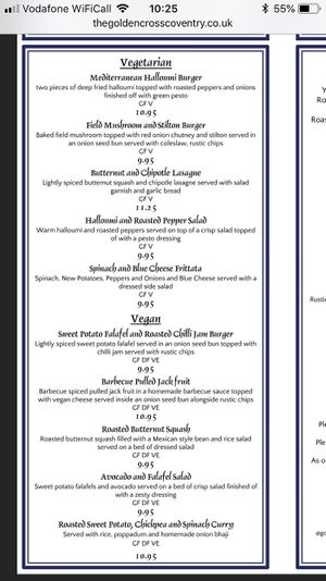 Veggie and vegan menu  at Golden Cross in Coventry