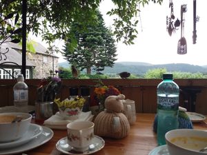 View from verandah in front of food counter at The Tea Garden at Comrie Croft in Crieff