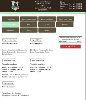 Good selection of vegan pizza, check the calzone section too at Joe & Ernie's in Chula Vista