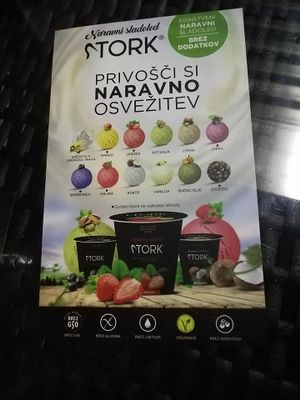 Stork ice cream. Not all flavours are vegan, check for the vegan label.

Photo by: Matej P. on Facebook at Caffe Atlantis in Ljutomer