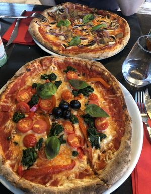 Vegan pizzas Ortolana and Seitan  with wholegrain flour  at Rustico Pizza e Vino in Gran Canaria