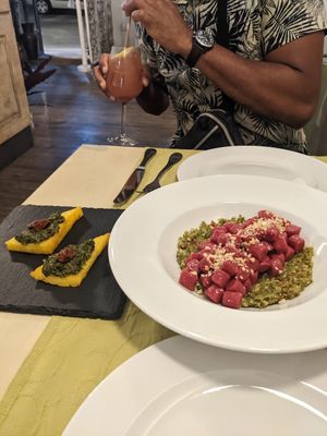 Gnocchi w/ pesto base and crispy polenta at La Pepiniere in Florence