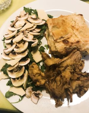 Mushroom trio; deep fried mushroom, lasagne and mushroom with Parmesan  at La Pepiniere in Florence