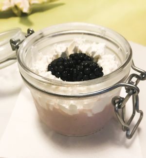 Soy based dessert with boysenberry, whipped cream was amazing! at La Pepiniere in Florence