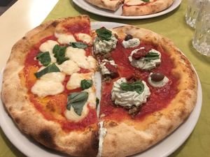 Vegan Pizza (we halved 2 different between us) Mediterraneana and margherita at La Pepiniere in Florence