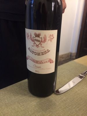 Organic Chianti . Our server’s husband makes it!  at La Pepiniere in Florence