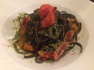 Fabulous black bean spaghetti with seaweed— yum!!  at La Pepiniere in Florence