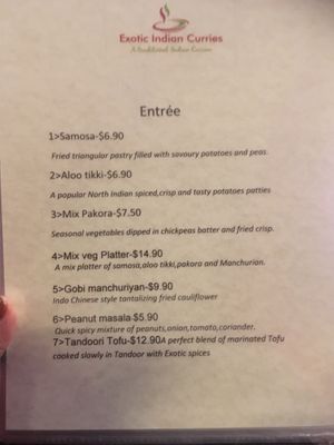 Vegan entree menu at Exotic Indian Curries in Summer Hill