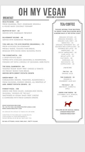 Green Vine Breakfast Menu at Green Vine Eatery in Cape Town