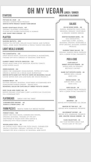 Green Vine Lunch/Breakfast Vegan Menu at Green Vine Eatery in Cape Town