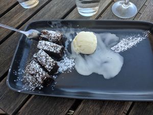 Vegan brownie with coconut based ice cream at Green Vine Eatery in Cape Town