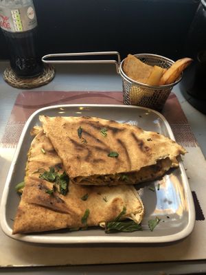 Vegan mince flatbread with chips.  at Nutmeg in Wolverhampton