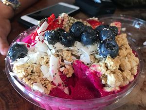 Pitaya Bowl. I substituted banana for mango, honey for agave, and it was so nice and thick with perfect tang. at Rejuv Juice in Hurst