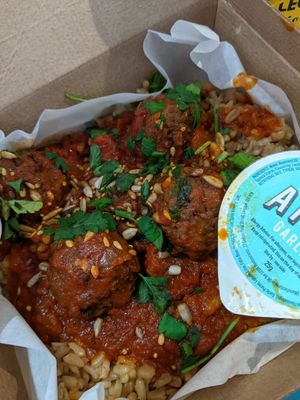 Vegan meatballs rice bowl at LHR - Leon - T2 in West London