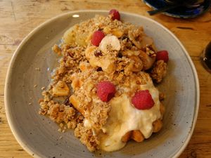 Apple crumble/granola and coconut yoghurt waffles at Trading Post Coffee Roasters in Brighton