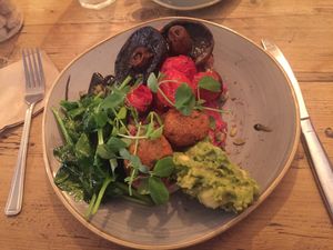 Vegan breakfast - inc falafel, avo, beetroot hummus  at Trading Post Coffee Roasters in Brighton