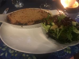 Vegan moussaka with Greek salad  at Theo's in Penticton